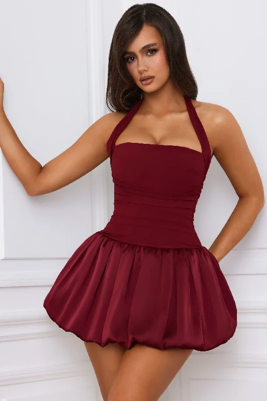 Effortlessly chic outfits for the modern woman   Halterneck Lace-Up Bubble Hem Corset Micro Mini Dress in Berry Red