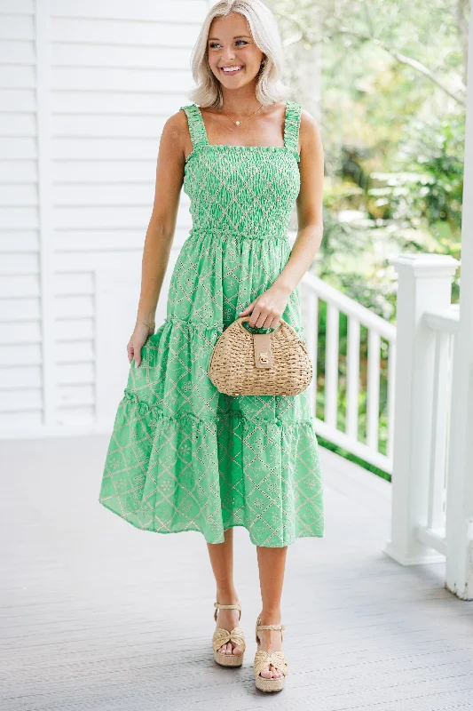 Dress to impress with elegant women’s wear   Here To Stay Green Eyelet Midi Dress