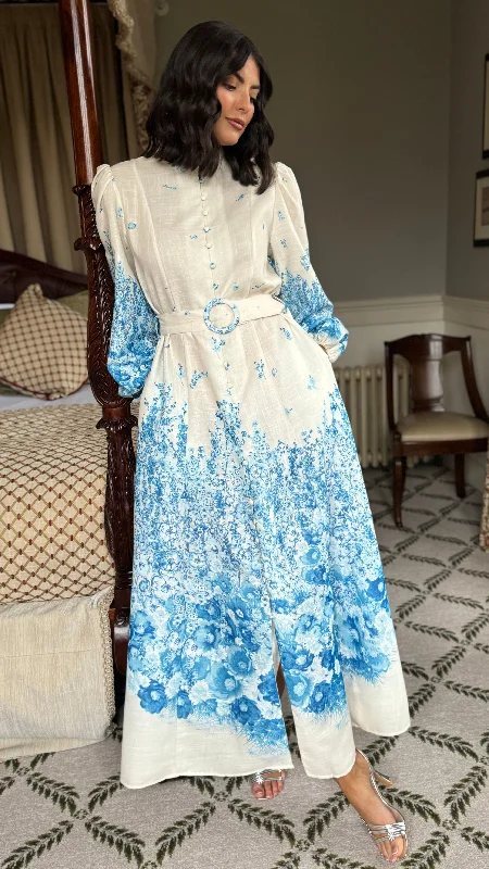Chic, modern looks for the stylish woman   Cassie Beige & Blue Floral Printed Midi Dress
