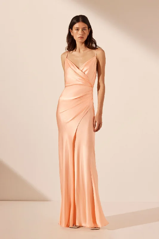 Effortlessly chic outfits for the modern woman   LA LUNE CROSS DRAPED MAXI DRESS - PEACH