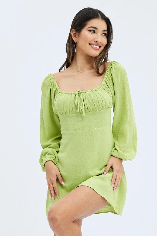 Green Mini Dress Ruched Bust Long Sleeve