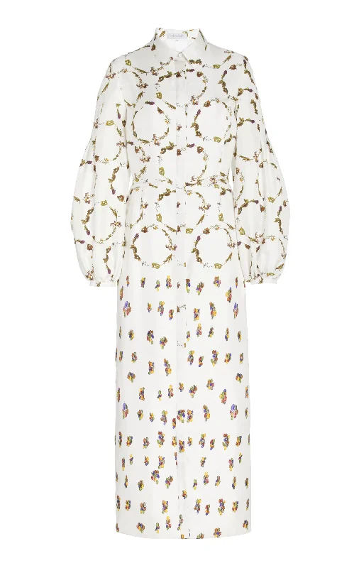 Cozy women’s clothing for the colder months   Mauri Shirtdress in Ivory Printed Silk Twill