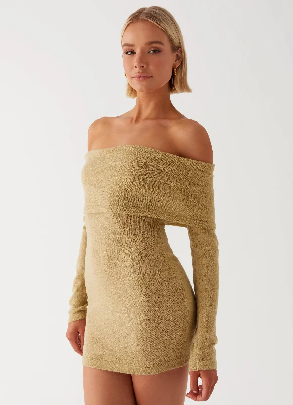 Step up your style with trendy women’s clothing   Myla Off Shoulder Mini Dress - Camel