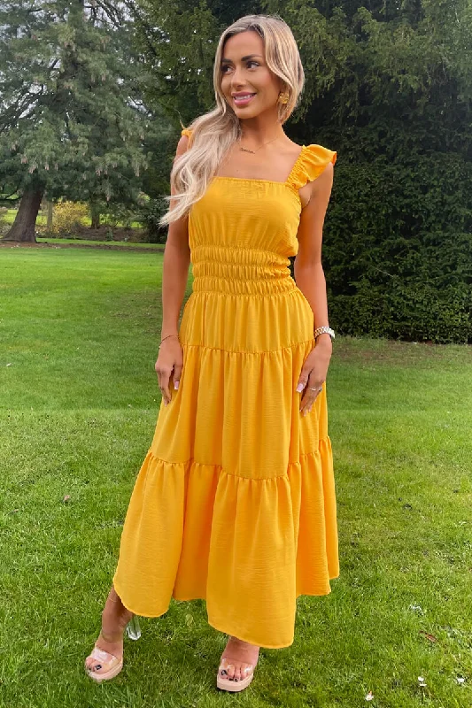 Refresh your closet with chic and comfy styles   Yellow Frill Strap Tiered Midi Dress