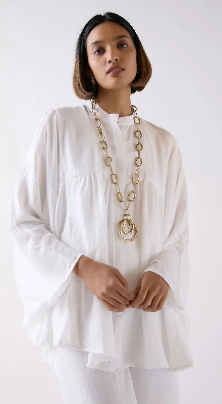 Express your style with fashionable women’s clothing Ivory Crushed Satin Shirt with Mala Express your style with fashionable women’s clothing Ivory Crushed Satin Shirt with Mala