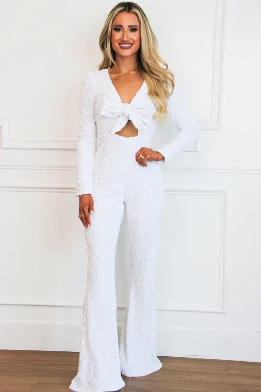 Meet Me There Sequin Tie Jumpsuit: Winter White