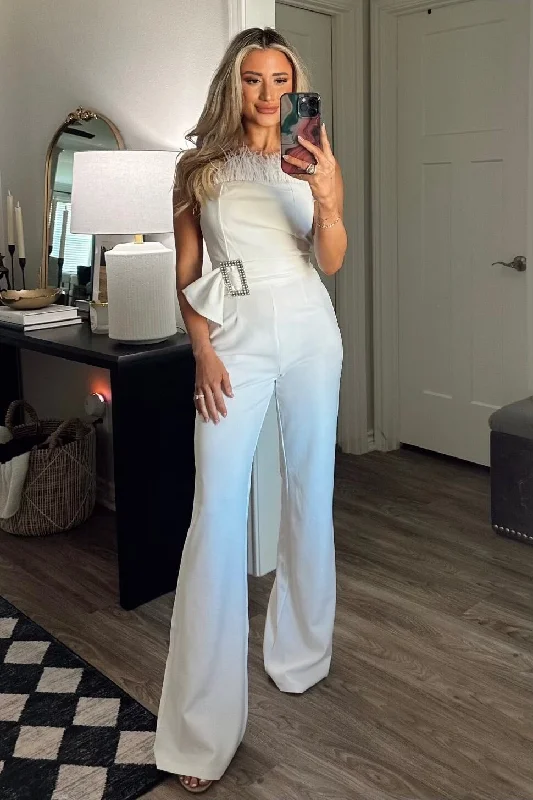 Parisa Embellished Belted Feather Jumpsuit: White