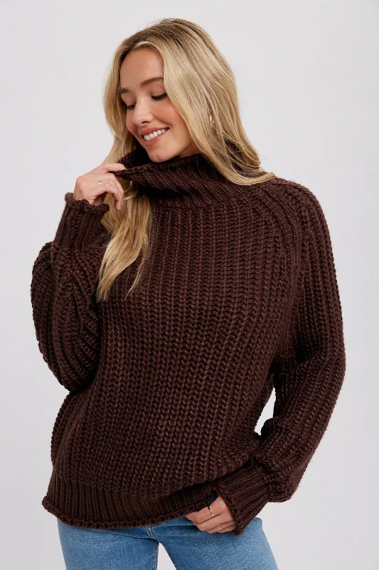 Brown Chunky Knit Mock Neck Sweater