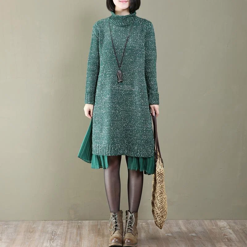 Fashionable women’s clothing that makes you shine   warm green pleated patchwork sweater dress oversize long knit sweaters Fine sweaters