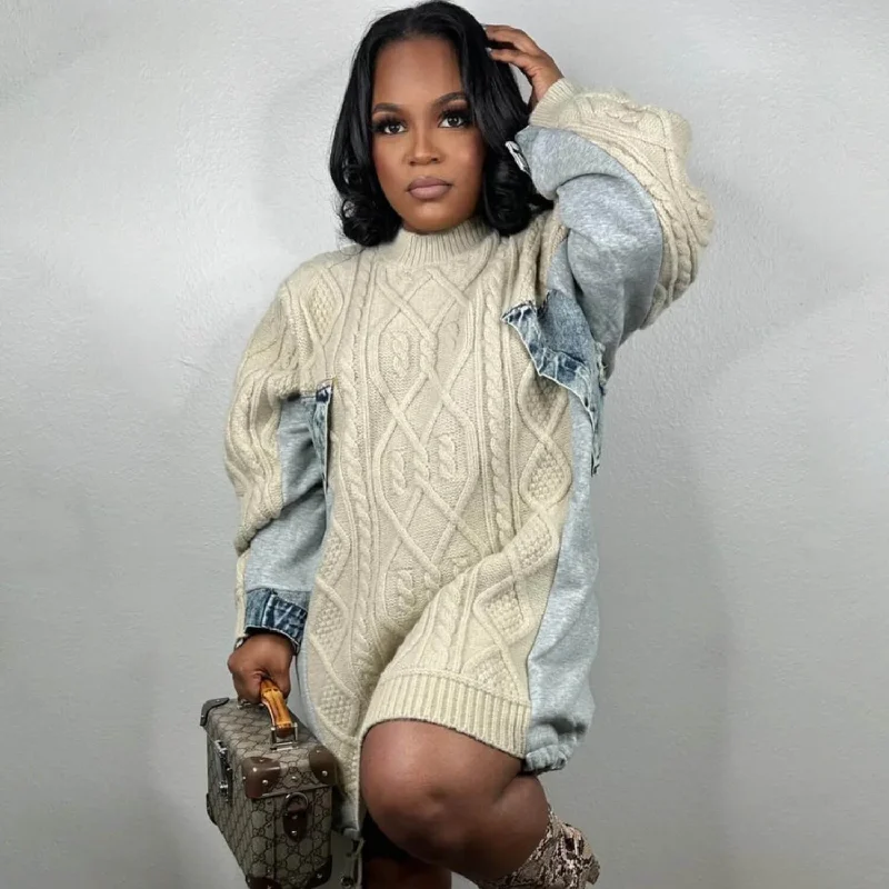 Fashionable, yet affordable women’s apparel   Whimsical Crew Neck Fisherman Cable Knit Drawstring Oversized Hybrid Sweater