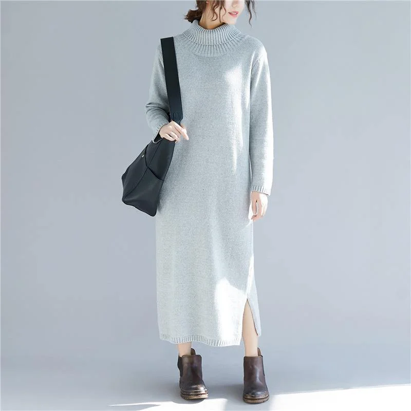 Elegant casual clothing for modern women   Women high neck Sweater outfits Largo gray DIY knitted dress fall