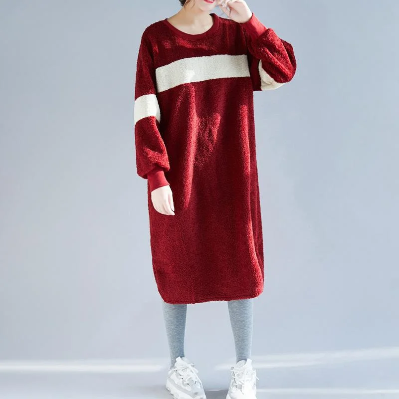 Comfortable yet fashionable women’s wear   Women Sweater dress outfit o neck pockets burgundy baggy knitwear