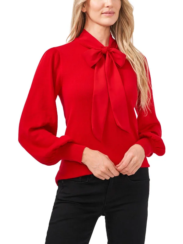 Womens Chiffon Sleeves Tie Neck Pullover Sweater