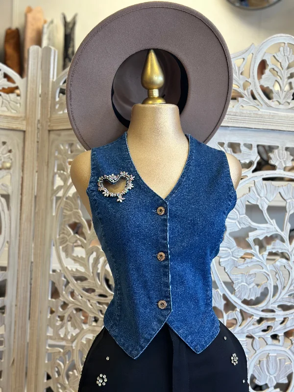 Trendy women’s clothing    Dark Heart Rhinestone Cutout Denim Vest- Slightly Stretchy