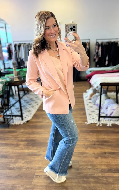 Step into style with our women’s clothing collection Eco-Friendly Recycled Poly Shirred Sleeve Blazer - Rose Cloud Step into style with our women’s clothing collection Eco-Friendly Recycled Poly Shirred Sleeve Blazer - Rose Cloud