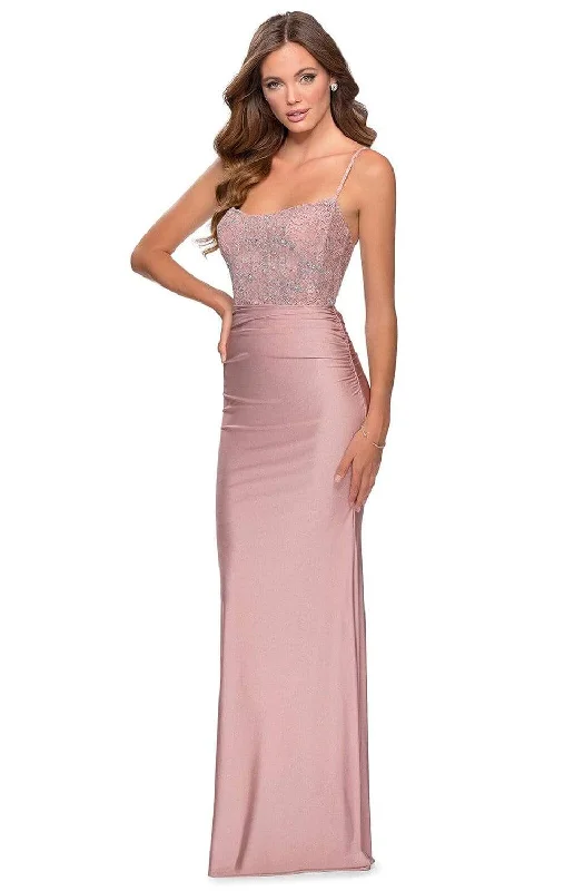 Affordable fashion that looks high-end   La Femme - 28558 Scoop Neck Lace Sheath Simple Prom Dress