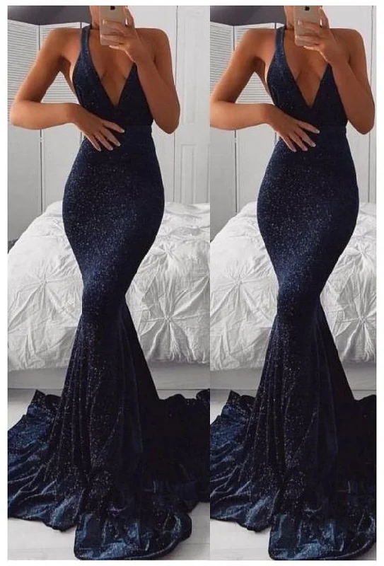 Fashionable clothing to fit every body type   Navy blue halter mermaid sequin ruffles evening gown dress Prom Dress   cg18148
