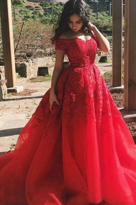 Fashion pieces that complement every woman’s style   Off-the-shoulder Appliques Red Organza Prom Dresses