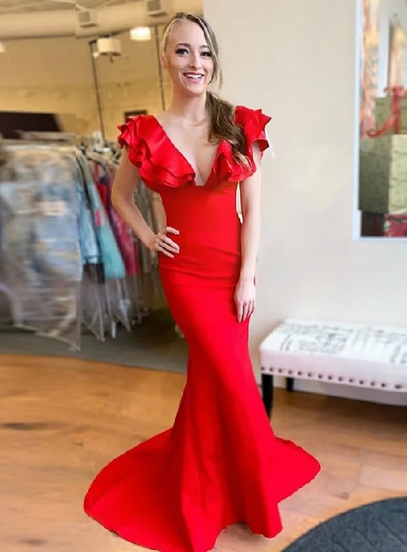 Chic for every occasion and style Red Mermaid Satin Deep V-neck Ruffles Long Prom Dress cg18830 Chic for every occasion and style Red Mermaid Satin Deep V-neck Ruffles Long Prom Dress cg18830