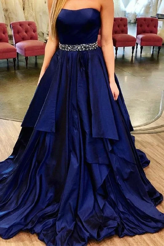 Luxurious fabrics and modern designs for women   Strapless Navy Blue Long Party Dresses for Prom Online