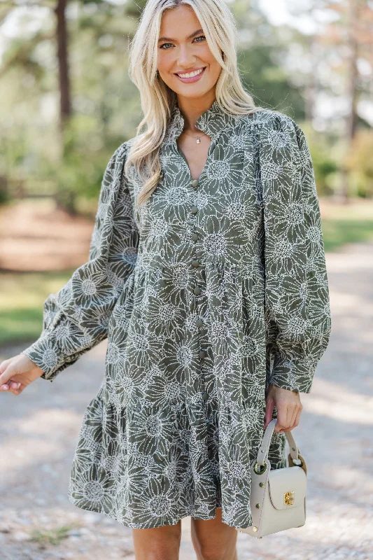Chic, modern fashion for empowered women   Thoughtful Wishes Olive Green Floral Dress