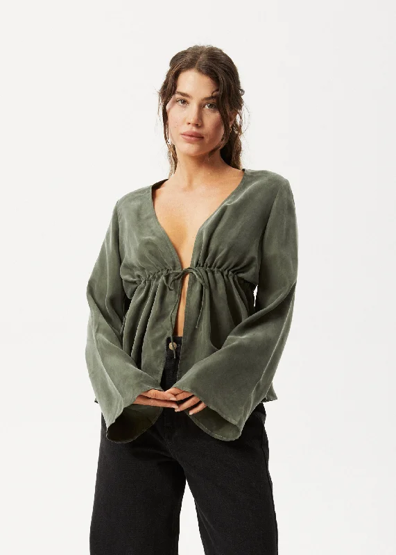 Essential women’s clothing for every season   AFENDS Womens Grace - Cupro Tie Blouse - Deep Green